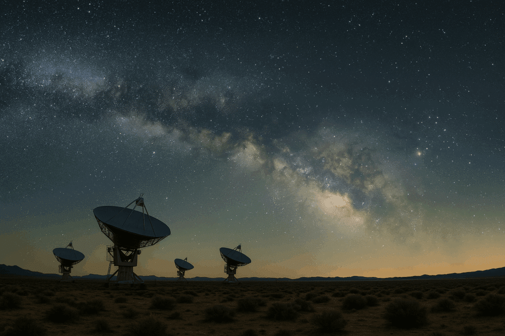 Milky Way above a desert radio observatory illustrating the Fermi Paradox and the quiet galaxy