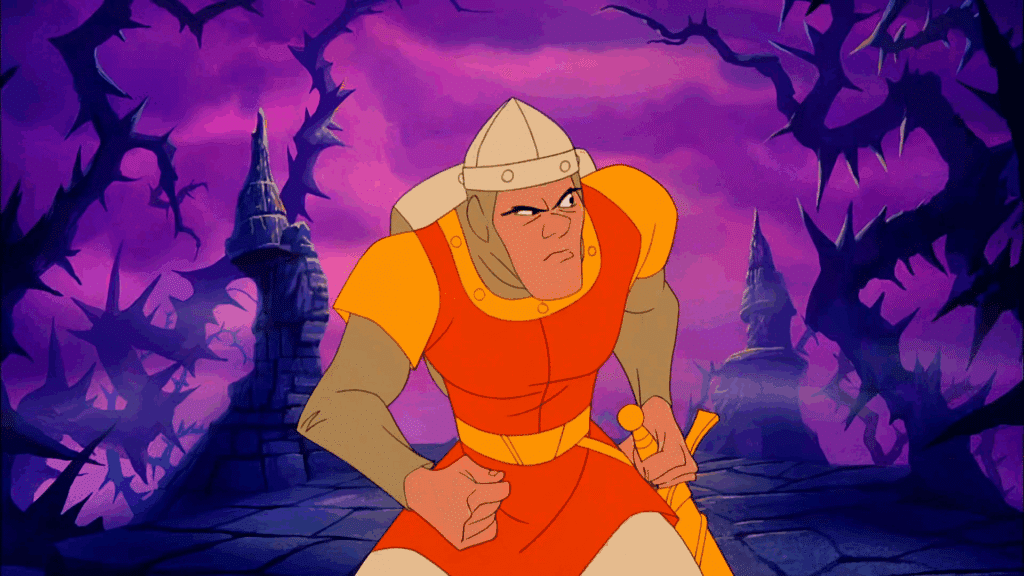 Dirk the Daring from Dragon's Lair standing ready in a twisted purple landscape