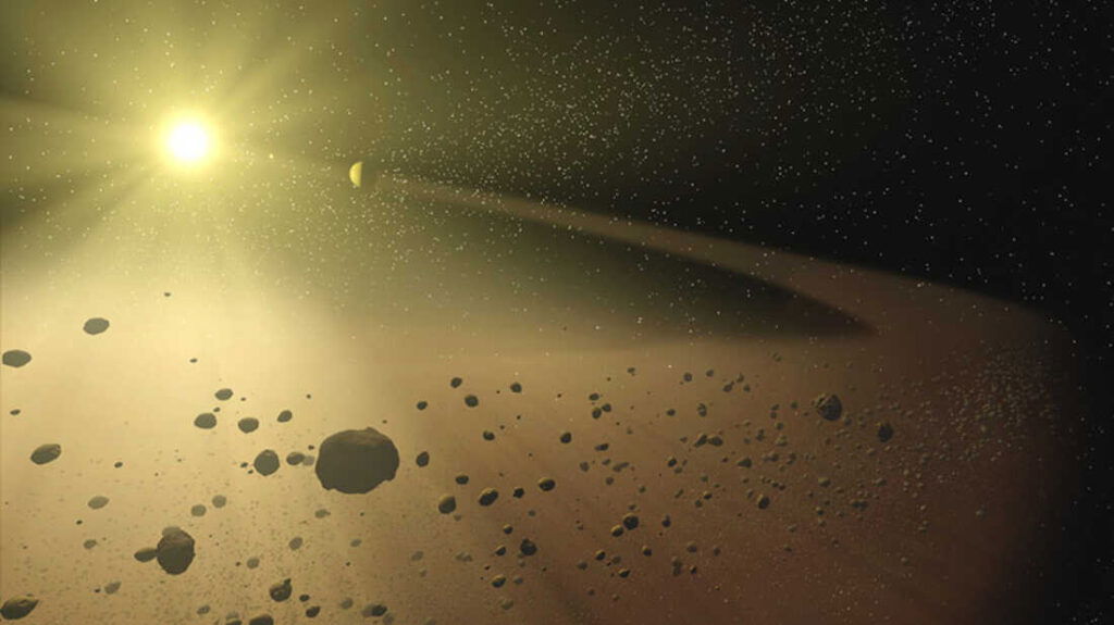 Wide artistic view of The Asteroid Belt curving around the Sun with scattered rocky bodies in space