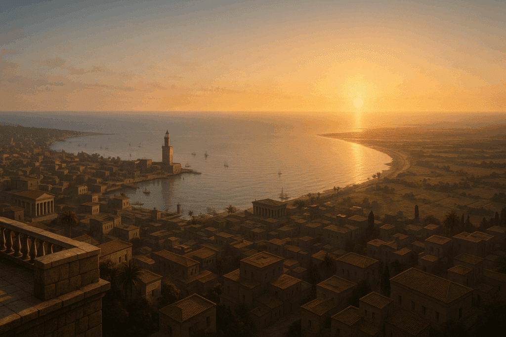 Sunrise landscape inspired by the Eratosthenes shadow experiment showing ancient Alexandria and its coastlin