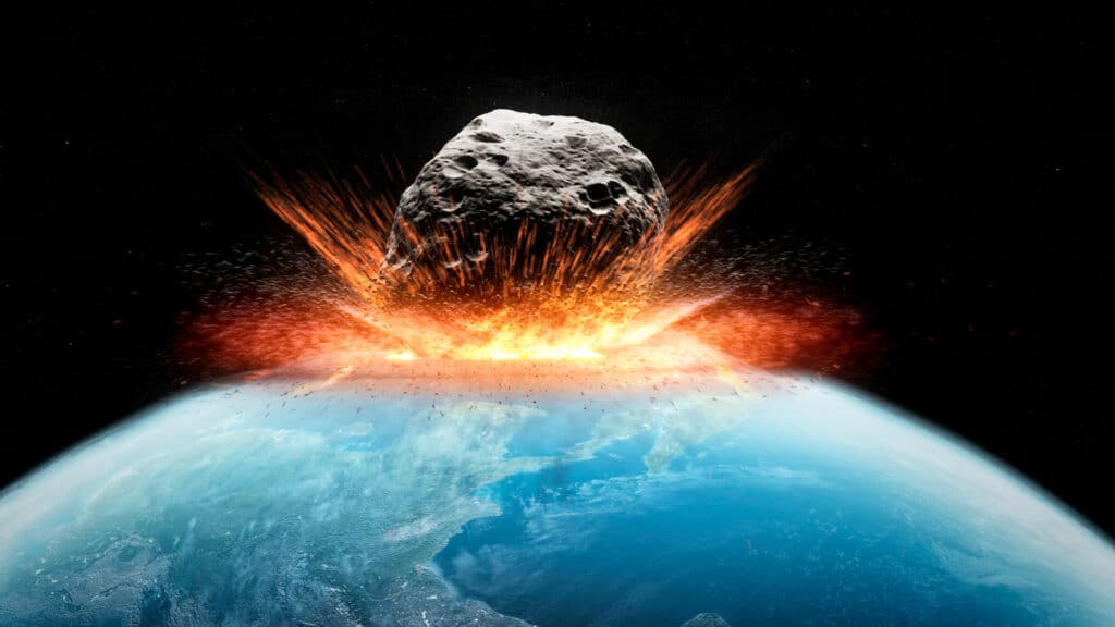 Asteroid impact illustrated by a large asteroid colliding with Earth in a planetary defense scenario