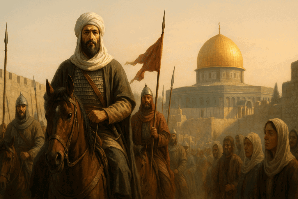 Photo realistic scene of Saladin entering Jerusalem in 1187 with soldiers and civilians