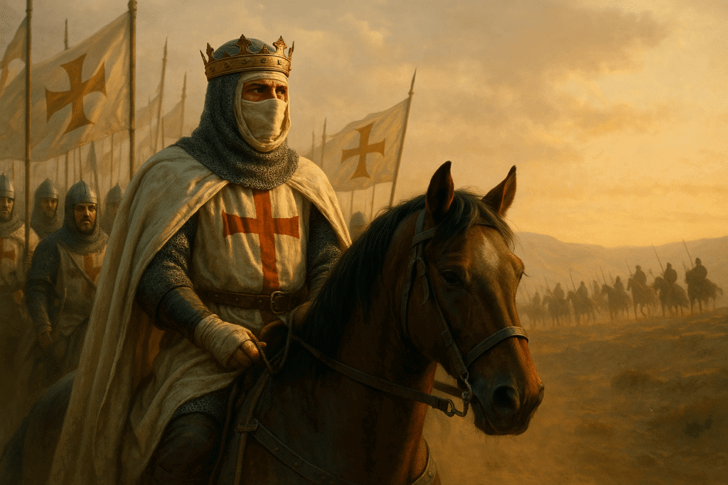 Baldwin IV of Jerusalem veiled and leading crusader knights into battle at dawn